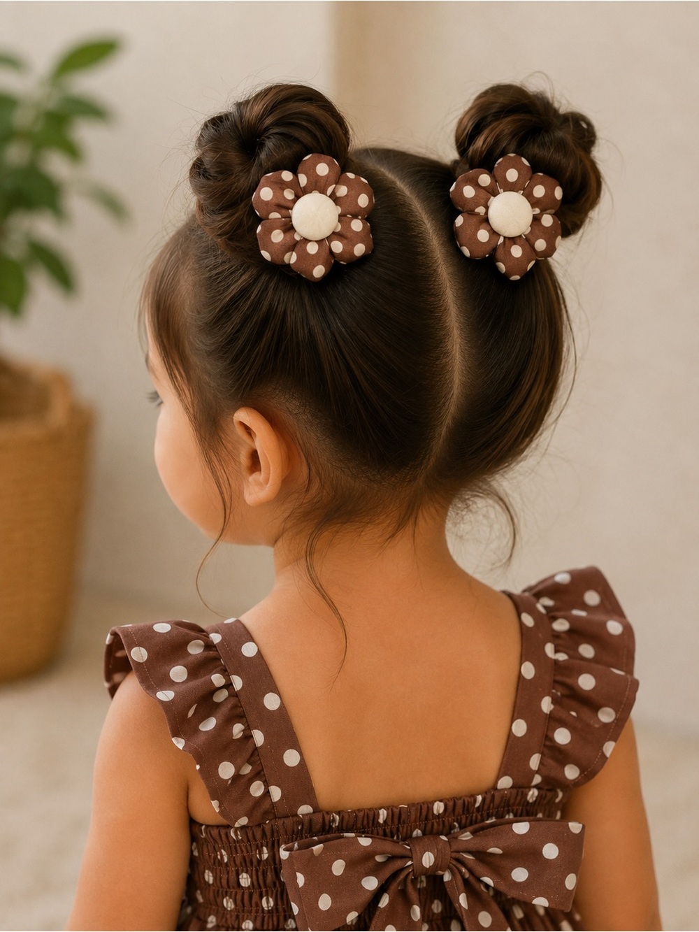 Kids Polka Dot Flower Hair Clips - Brown